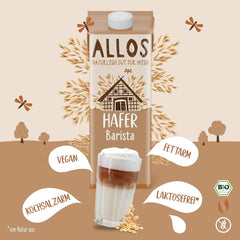Allos Bio Haferdrink Barista | Milchalternative aus Hafer | Schaumbarer Drink auf Pflanzenbasis | Perfect for coffee Vegan, lactose-free Drink | 1 Liter (6 Pieces)