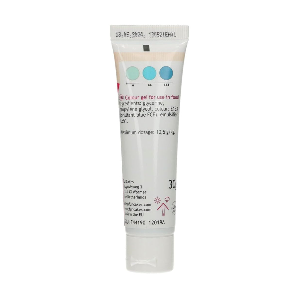 Funcakes Food Color Gel Aqua: Colorant alimentar foarte concentrat pentru aluat, cremă, fondant și marțipan. Dozare ușoară. Picătură individuală pentru a crea culori vibrante. Halal. 30 g.