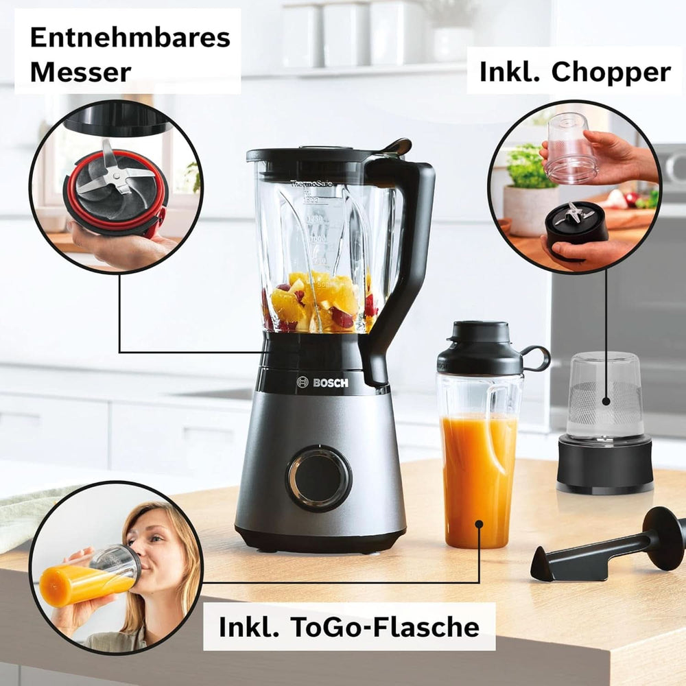 Bosch Standmixer Vitapower Serie 4 MMB6177S, Edelstahl-Klingen Made in Germany, 1.5L Thermosafe Glasbehälter, 0.6L To-Go-Flasche, Stopfer, Universalzerkleinerer, 30,000 U/Min, 1200 W, Silver Kitchen Naty Shop
