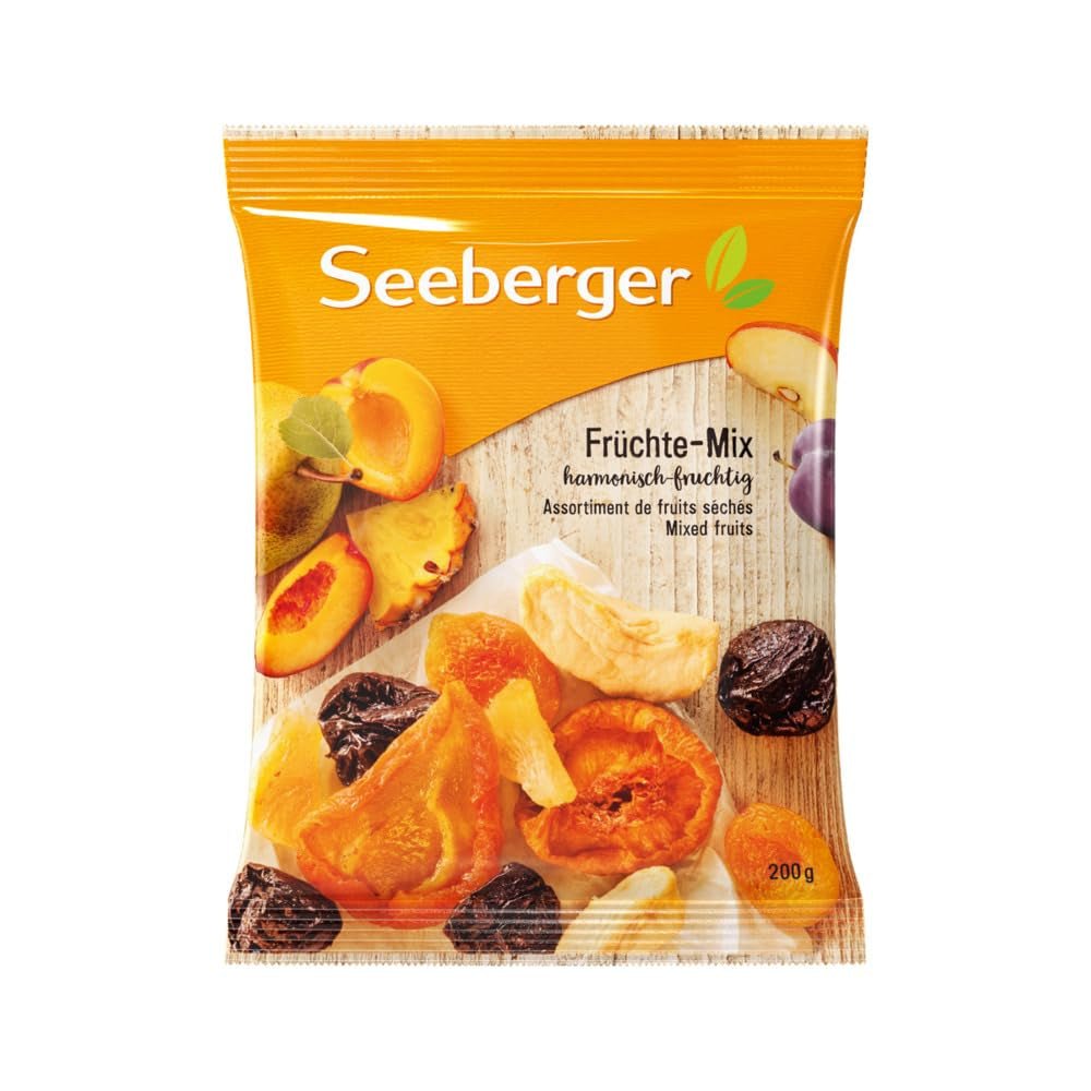 Amestec de fructe Seeberger, amestec fructat armonios de pere delicioase, piersici, caise, prune, bucăți de mere și ananas - fără sâmburi, vegan (1 x 200 g) Produse deshidratate Naty Shop 200 G (pachet de 12)