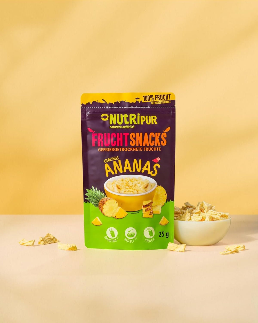 Ananas liofilizat BITS 100g bucăți mari pentru smoothie bowls, muesli, topping porridge - fructe liofilizate fără zahăr adăugat - ananas uscat - fructe de la NutriPur Produse deshidratate Naty Shop