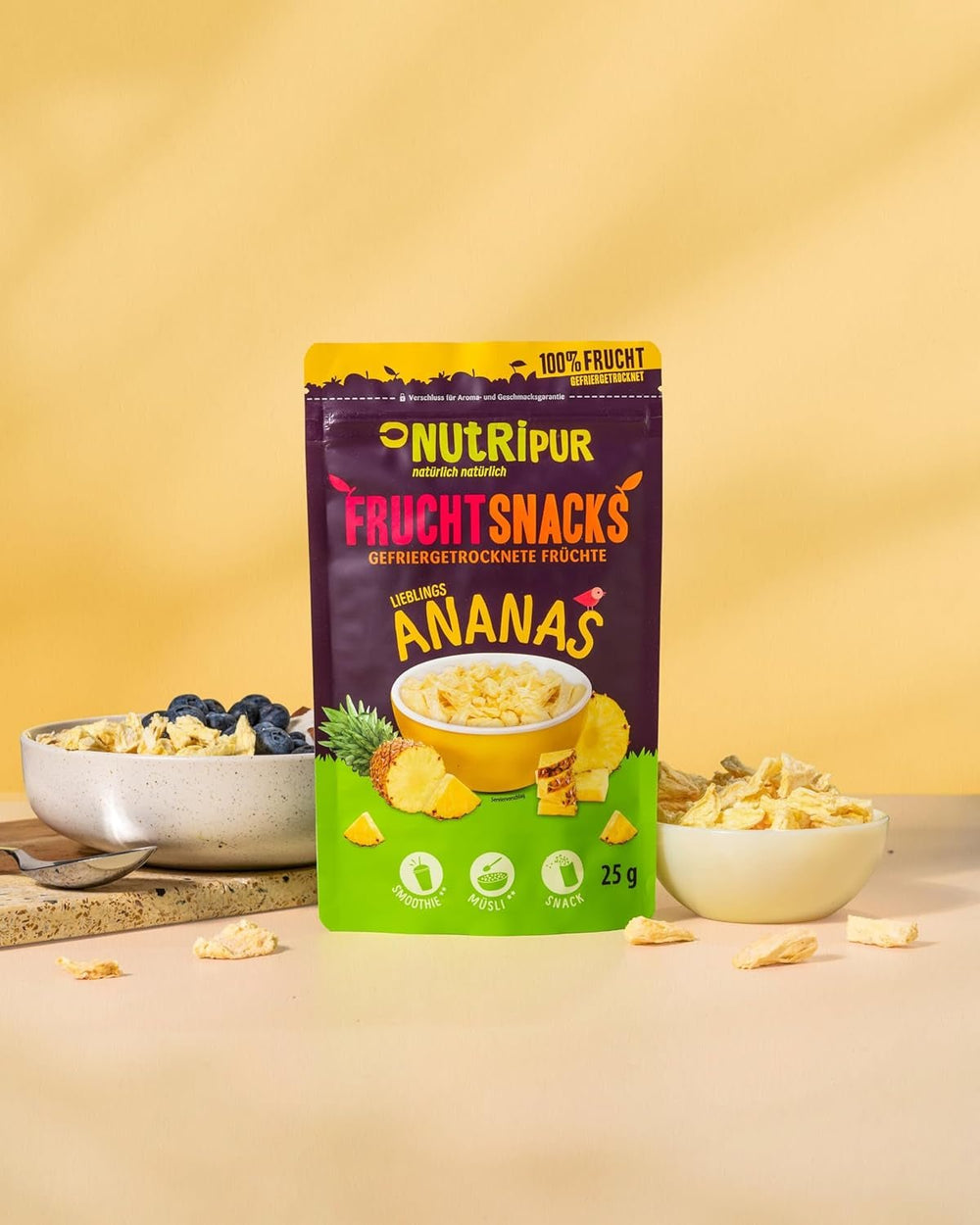 Ananas liofilizat BITS 100g bucăți mari pentru smoothie bowls, muesli, topping porridge - fructe liofilizate fără zahăr adăugat - ananas uscat - fructe de la NutriPur Produse deshidratate Naty Shop