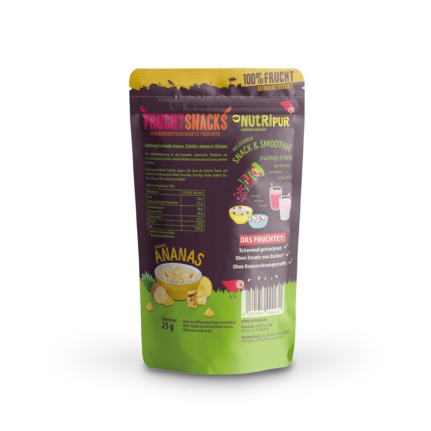 Ananas liofilizat BITS 100g bucăți mari pentru smoothie bowls, muesli, topping porridge - fructe liofilizate fără zahăr adăugat - ananas uscat - fructe de la NutriPur Produse deshidratate Naty Shop