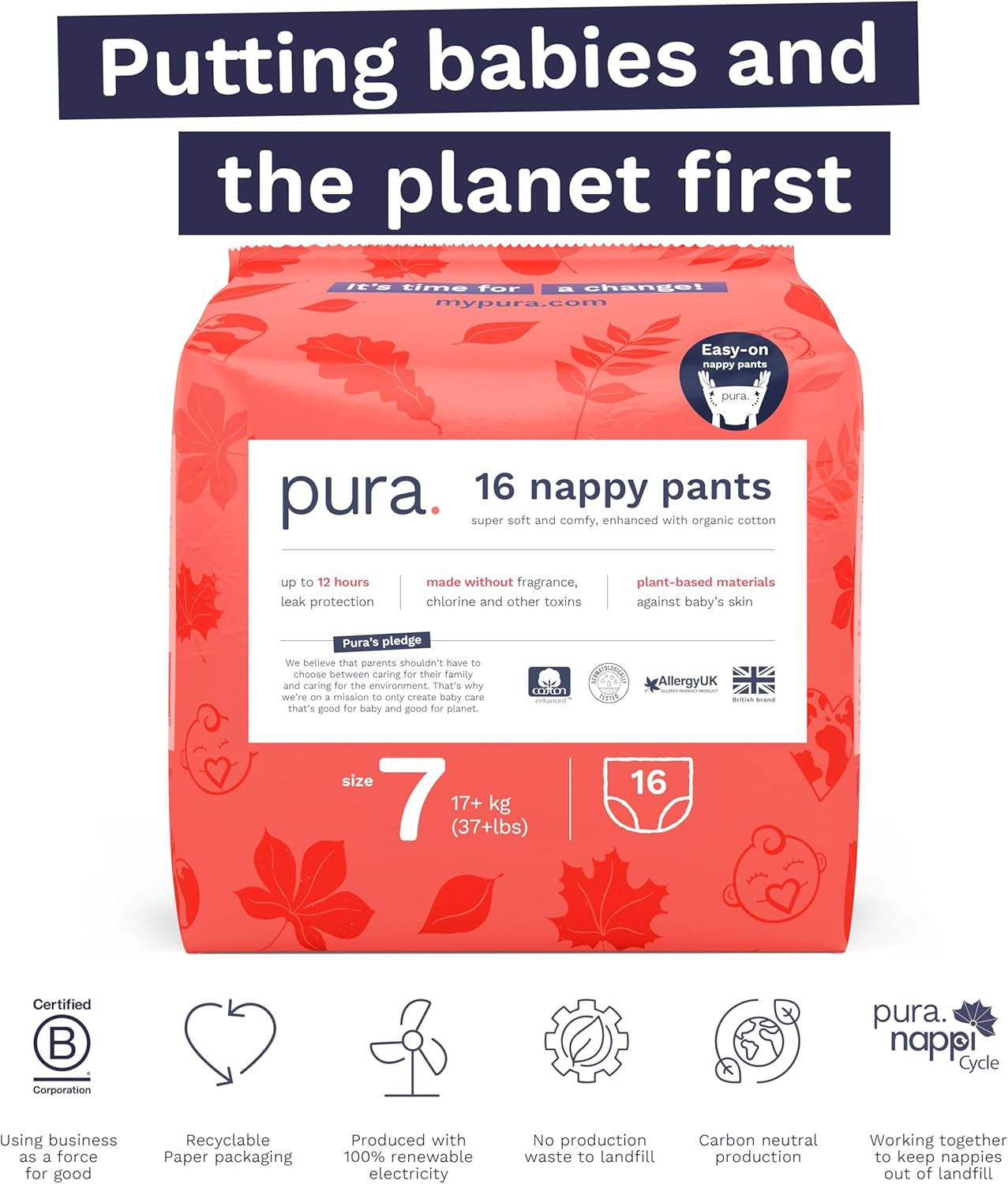 Eco-Friendly Panties, Size 7 (17kg+), 16pcs, Disposable Underwear for Sensitive and Allergic Skin, Fragrance Free, Side Draw