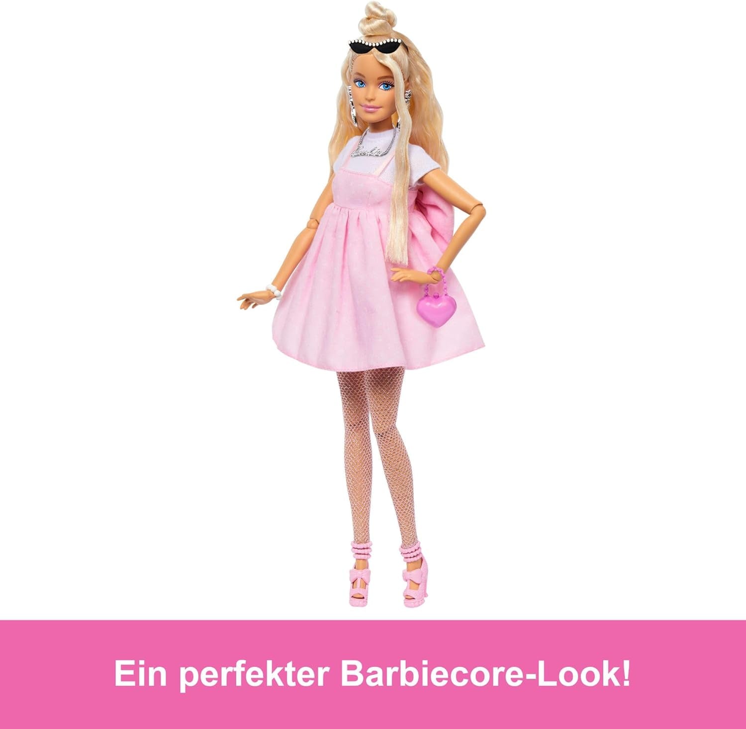 Barbie Doll Deluxe Style no. 3 with Barbiecore outfit, blonde hair in high bun, pastel pink dress with oversized bow and accessories like fishnet tights, HYV27 Naty Shop Dolls