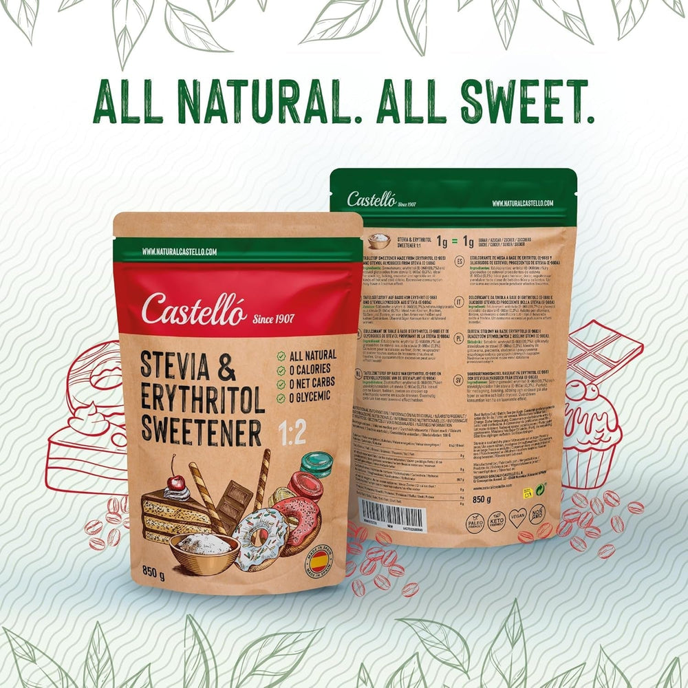Stevia + Erythritol 1:1 Süßstoff | 1G = 1G Zucker | 100% Natürlicher Zuckerersatz - 0 Kalorien - 0 Glykämischer Index - Keto Und Paleo - 0 Netto-Kohlenhydrate - Kein GVO - Castello since 1907-850 G Sweeteners Naty Shop