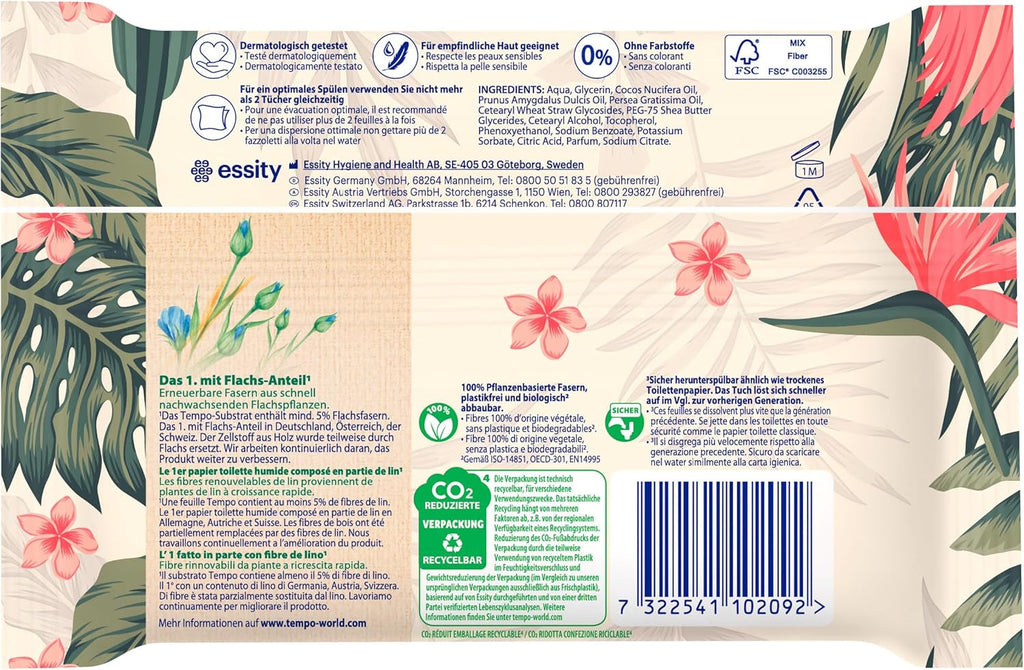 Hârtia igienică Tempo Moist My Pampering Moment ediție limitată - modele în schimbare, fără coloranți, reconectabilă, pachet avantajos, 16 x 42 șervețele umede