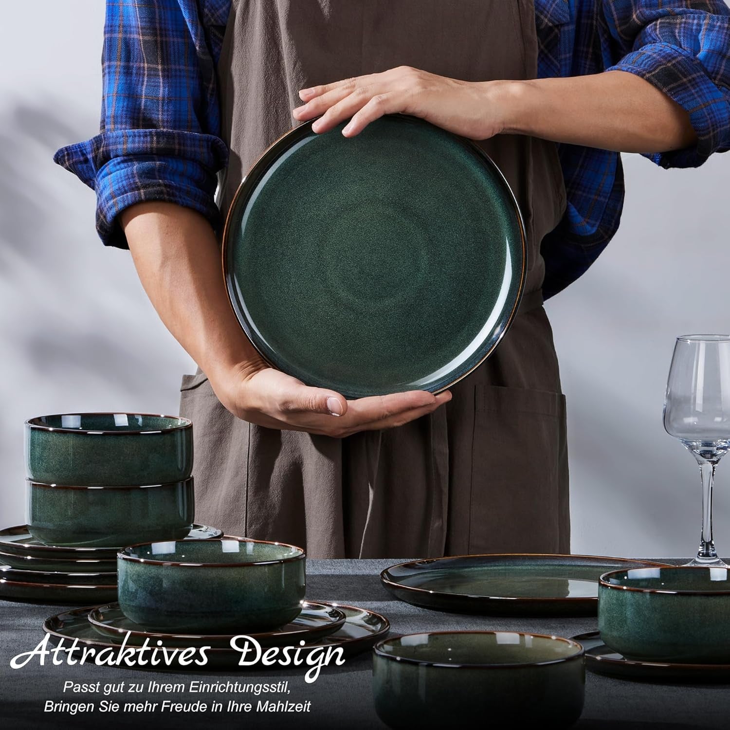 Homikit Geschirrset 6 Personen, 18-tlg Steinzeug Geschirr Set, Reaktive Glasur Tafelservice mit Speiseteller Dessertteller Müslischüsseln, Mikrowellen- und Spülmaschinenfest, Kieferrauchgrün