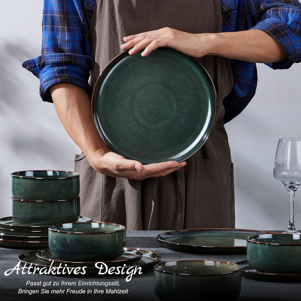 Homikit Geschirrset 6 Personen, 18-tlg Steinzeug Geschirr Set, Reaktive Glasur Tafelservice mit Speiseteller Dessertteller Müslischüsseln, Mikrowellen- und Spülmaschinenfest, Kieferrauchgrün