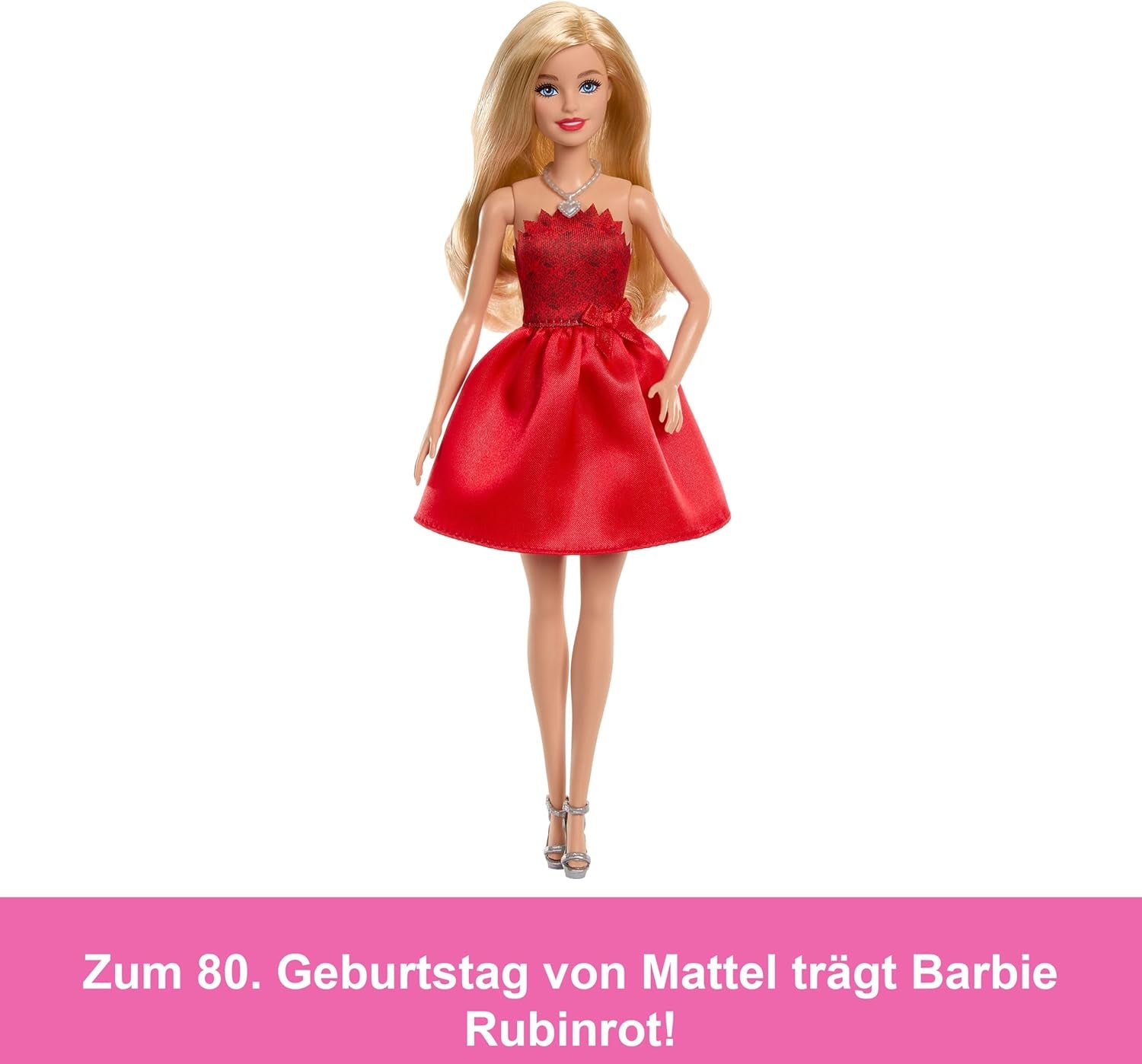 Mattel Rubinrote Blonde Barbie-Party-Modepuppe zum 80. Jubiläum roten Kleid mit silbernen Schuhen und Halskette, Sammelspielzeug, JGD25