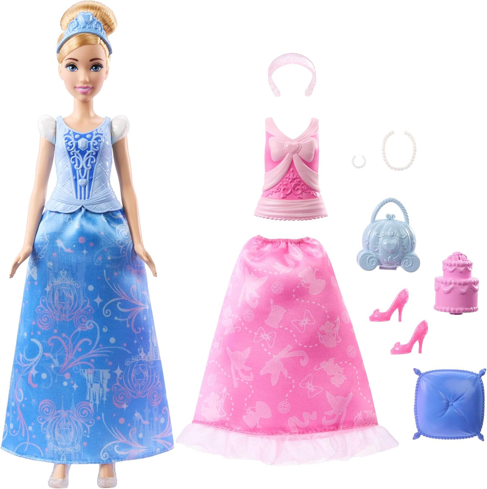 Jucării Mattel Disney Princess, păpușă Cenușăreasa la modă cu 2 ținute, 9 accesorii, 2 topuri cu clipsuri și 2 fuste. Povești 2 în 1 inspirate din filmul Disney, JCR95