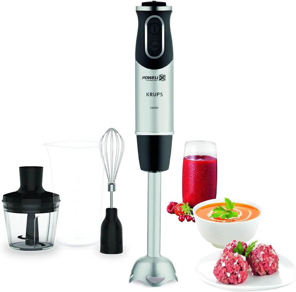 Krups Perfect Mix Stand Mixer HZ6568 | Blender | 1000 Watt | Edelstahlfuß | 4 Extra Scharfe Messer | Powelix Technologie | Schneebesen | 500 Ml Zerkleiner | 800 Ml Messbecher | Schwarz/Silber Kitchen Naty Shop