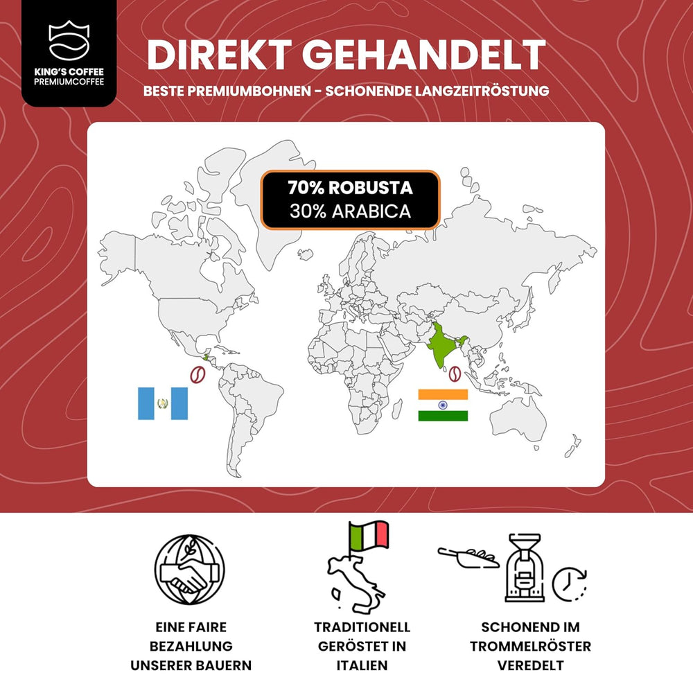 KING'S COFFEE - PRĂJIRE EXTREMĂ - Boabe de Espresso Intenso - aciditate foarte scăzută - prăjire în loturi mici din Italia - boabe de cafea pentru aparate complet automate și aparate cu portafiltru - 1 kg
