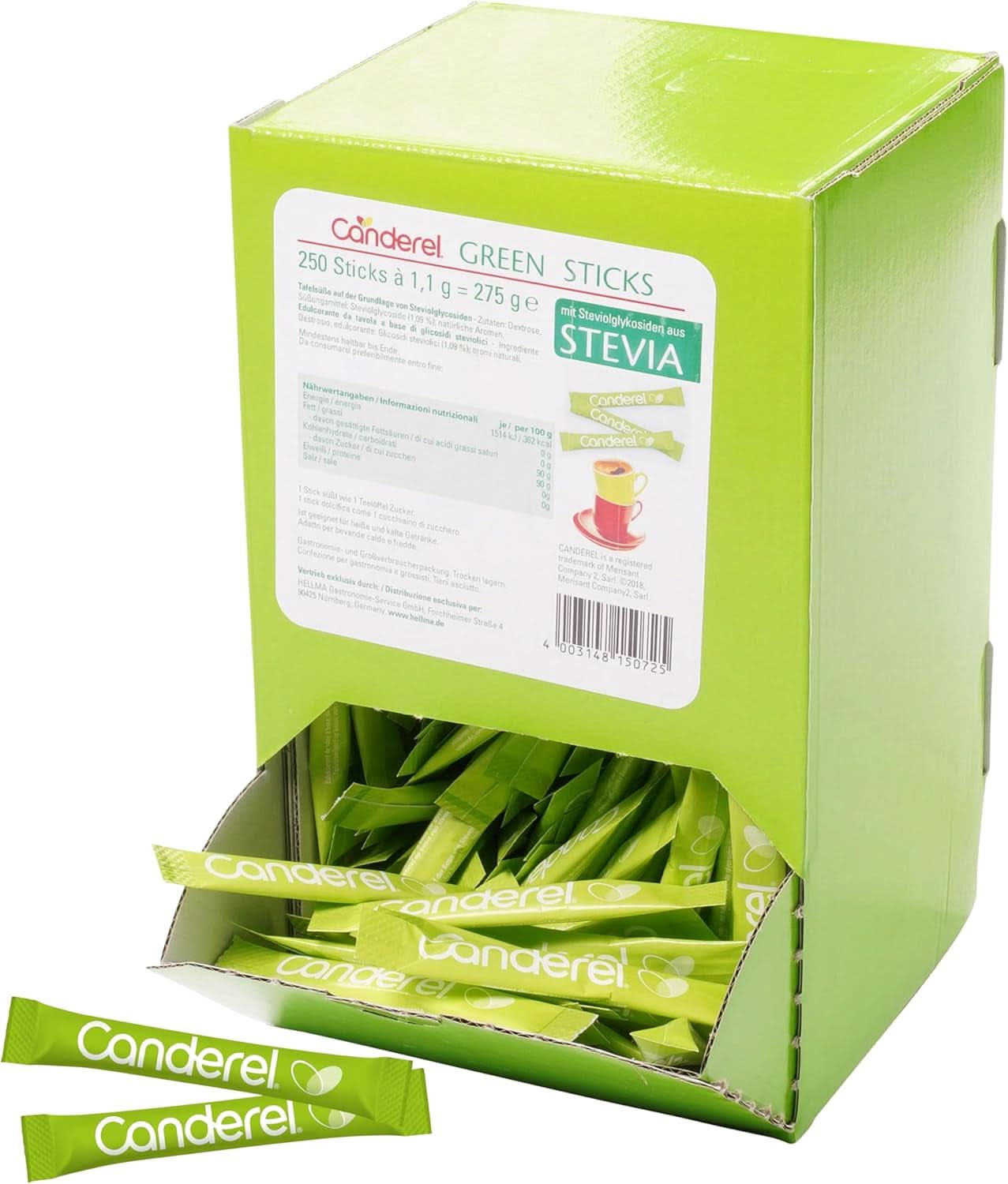 Hellma Canderel Green Stevia Sticks, 250 stevia sachets, 1.1 gram sachet Sweeteners Naty Shop