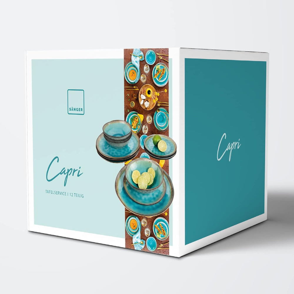 SÄNGER | Set de veselă Capri cu 12 piese, set de farfurii pentru 4 persoane, veselă din gresie, inclusiv farfurii de cină, farfurii de desert și farfurii de sumă, serviciu de cină turcoaz lucrat manual cu margine gri | COLECȚIA PREMIUM