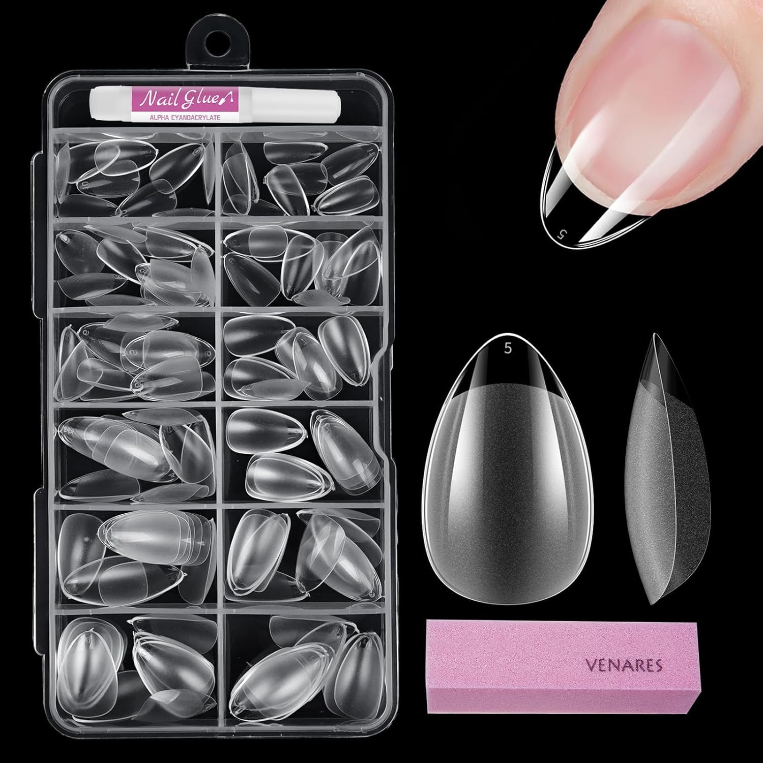 Tipuri de unghii pentru unghii cu gel, set 120 bucăți unghii artificiale scurte, culoare migdale, 11 dimensiuni unghii cu gel, tipuri de unghii cu lipici, bloc de buffer pentru unghii