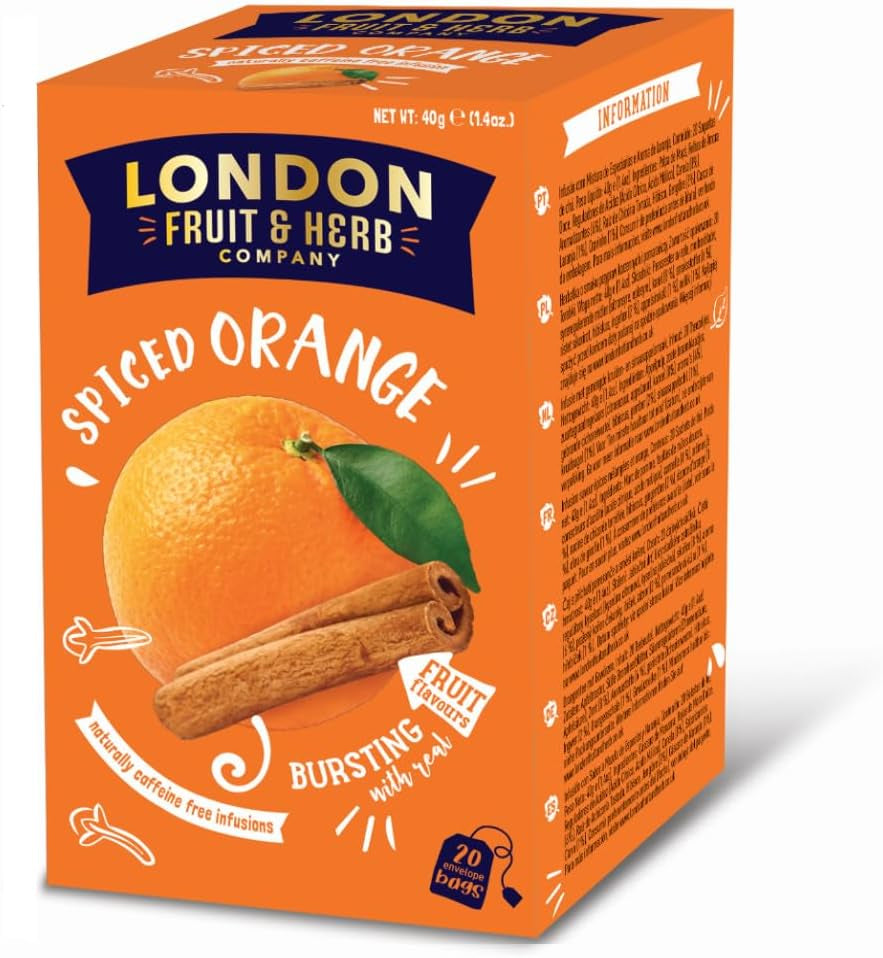 London Fruit® | Infuzie de condimente și portocale | Infuzie de scorțișoară, portocale și ghimbir, pliculețe individuale – 20 filtre (40 g) | Ceai din plante fără cofeină
