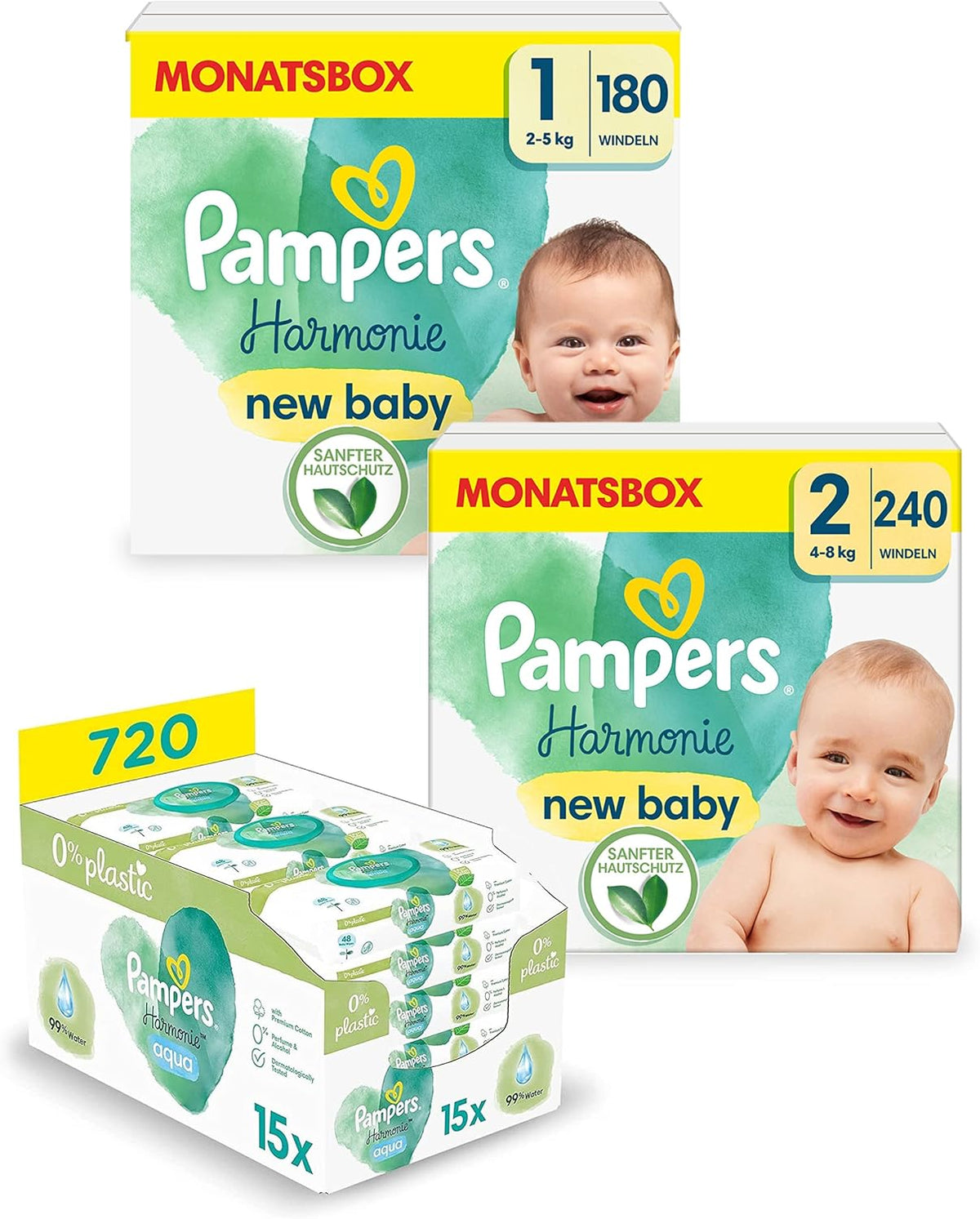 Harmonie Aqua Baby Diaper Set Size 1 (2-5 kg, 180 pcs), Size 2 (4-8 kg, 240 pcs), Half Moon Box and Aqua Baby Wipes, 720 Wipes (15 x 48), Baby Starter Kit