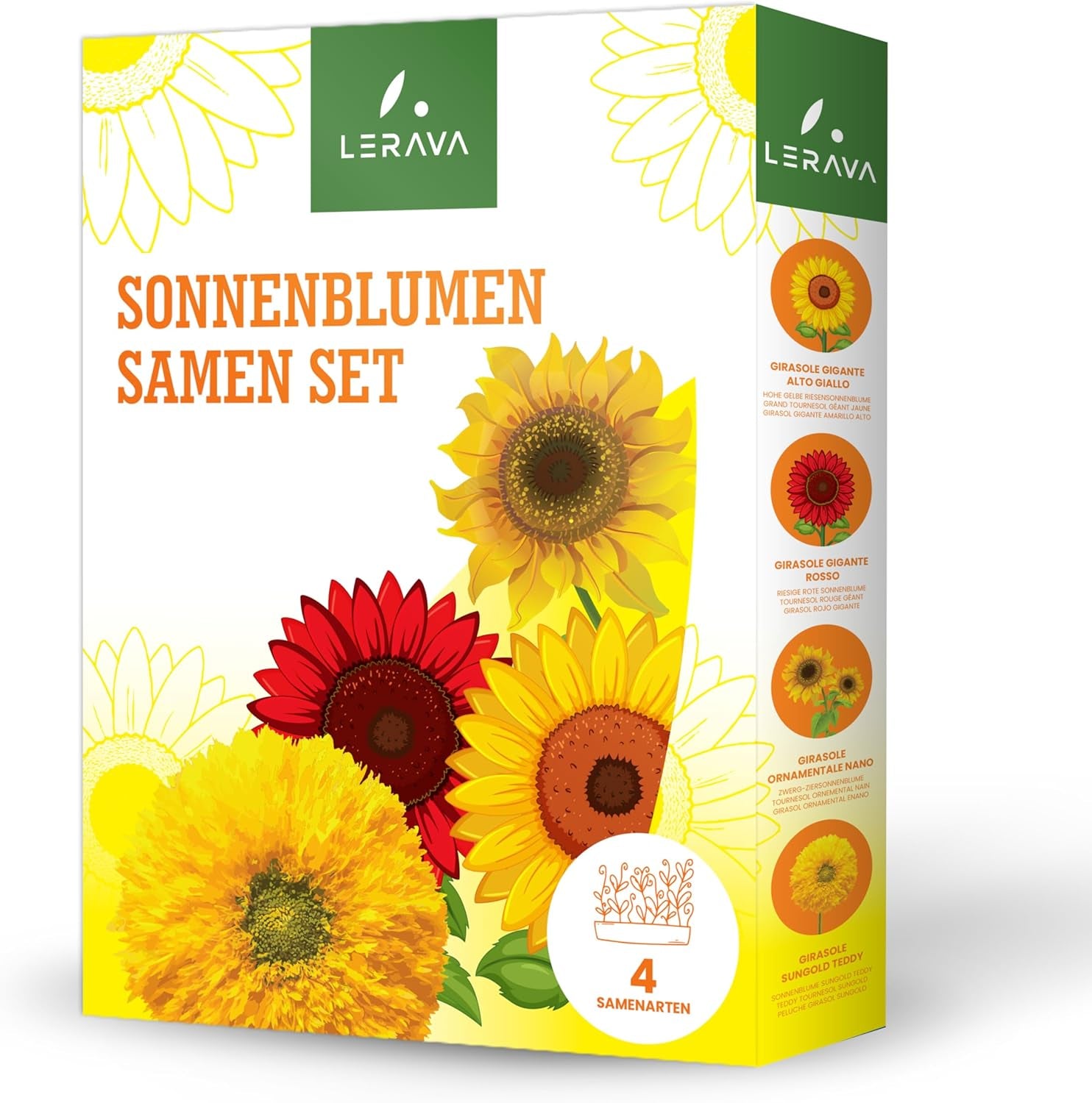 LERAVA® Sonnenblumen Samen Set (4 Sorts) - Riesige gelbe & rote Sonnenblume - Zwerg und Sungold Teddy - Premium Sonnenblumensamen für Garten und Balkon - Blumensamen Geschenk für Hobbygärtner