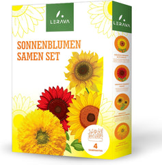 LERAVA® Sonnenblumen Samen Set (4 Sorts) - Riesige gelbe & rote Sonnenblume - Zwerg und Sungold Teddy - Premium Sonnenblumensamen für Garten und Balkon - Blumensamen Geschenk für Hobbygärtner