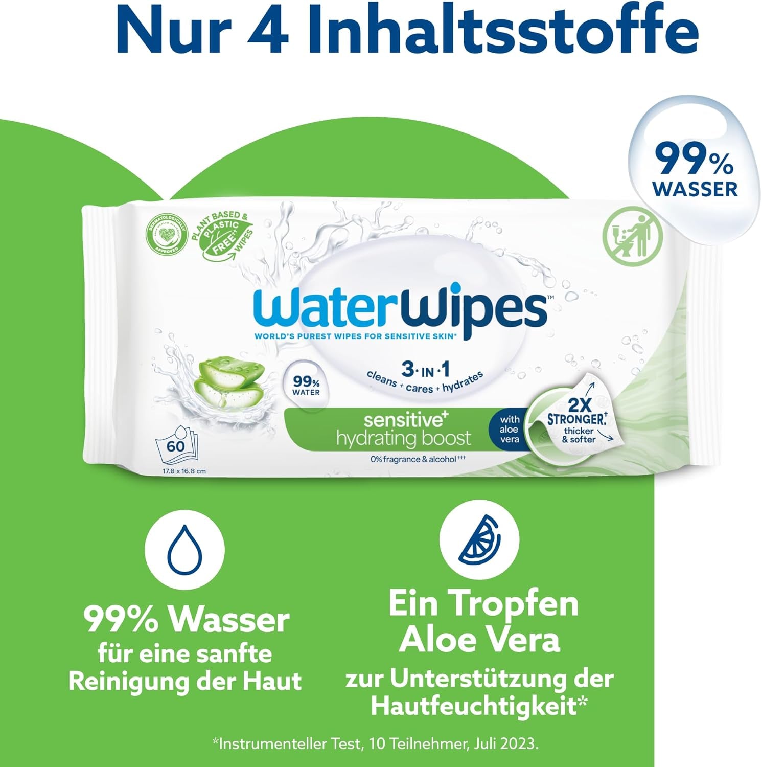 WaterWipes Sensitive+ Hydrating Boost Wet Wipes, Hydrating Wipes, 360 Pieces (6 Pack), 3 in 1 Clean, Care, Hydrate, 99% Aloe Vera Water, Unscented Baby Wipes