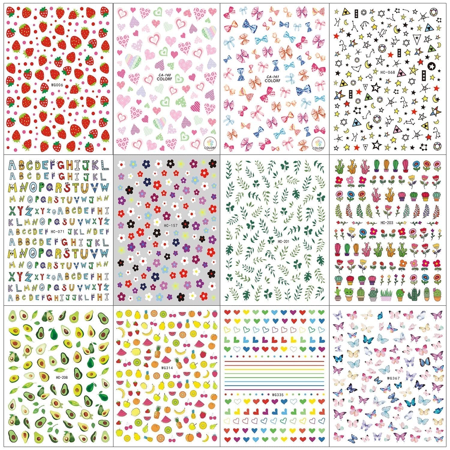12 Blatt Nagelsticker Süß Kinder Nagelaufkleber Selbstklebend Weihnachtsblumen Blätter Tiere Pflanzen Früchte Nail Art Sticker Dekoration Nageldesign Zubehör