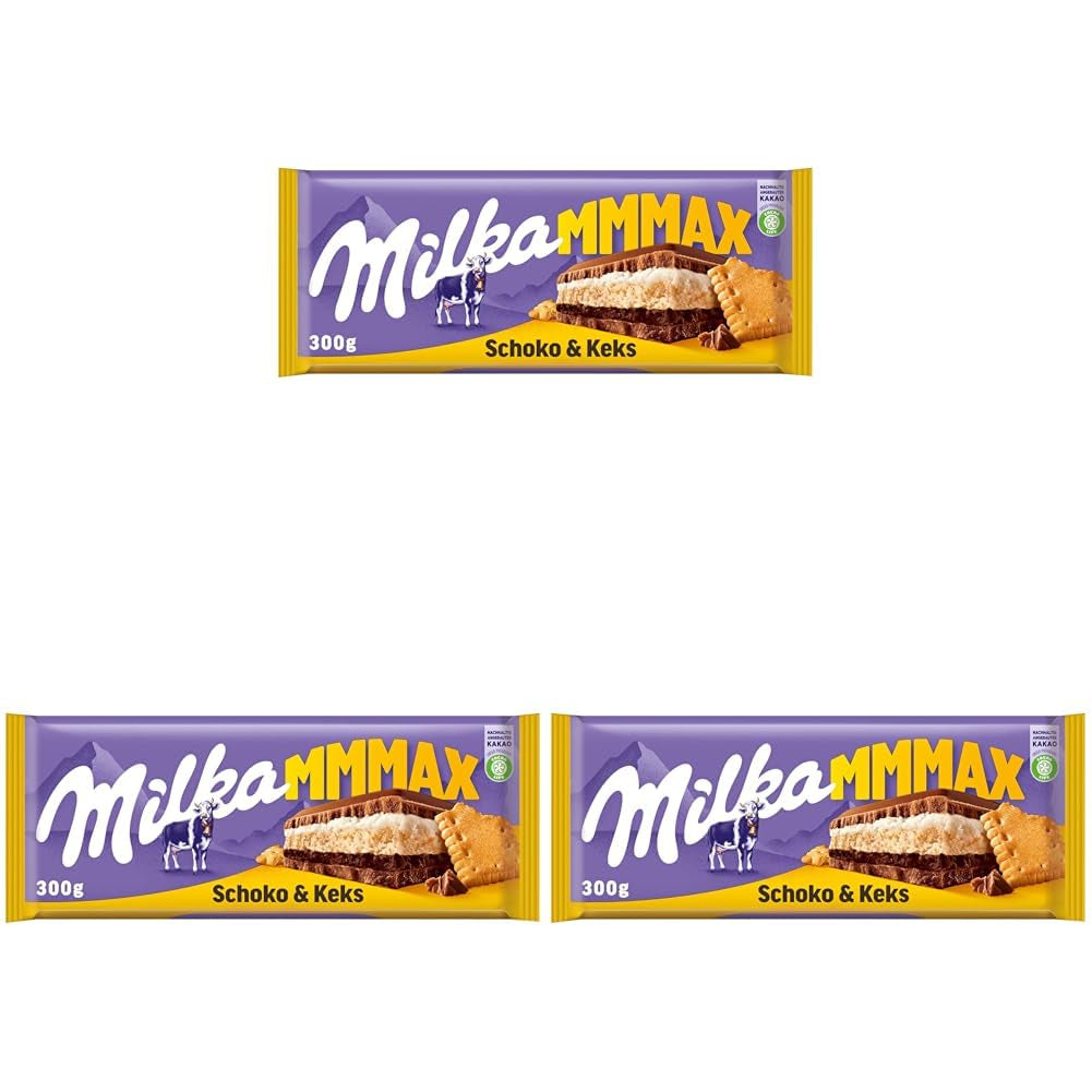 Milka Mmax Chocolate and Biscuits – Alpine milk chocolate with milk cream filling and crispy pieces of biscuits – 300g