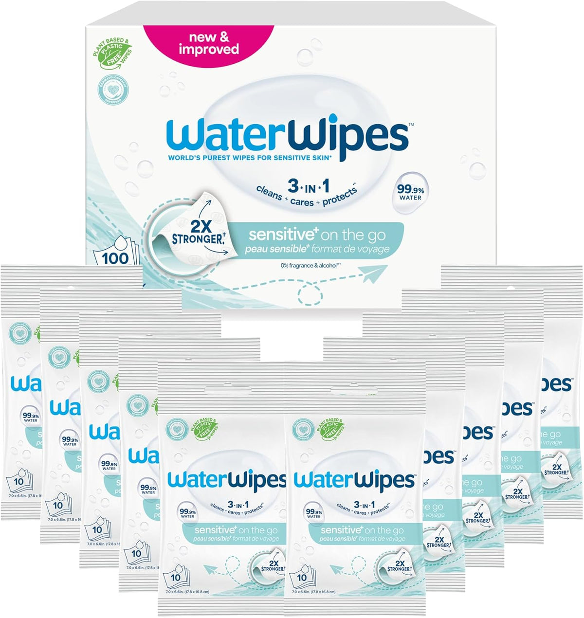 WaterWipes Sensitive+ On The Go Wet Wipes, 100 Wipes (10 Pack), 3 in 1 Cleans, Cares, Protects, 99.9% Water, Fragrance Free Wipes