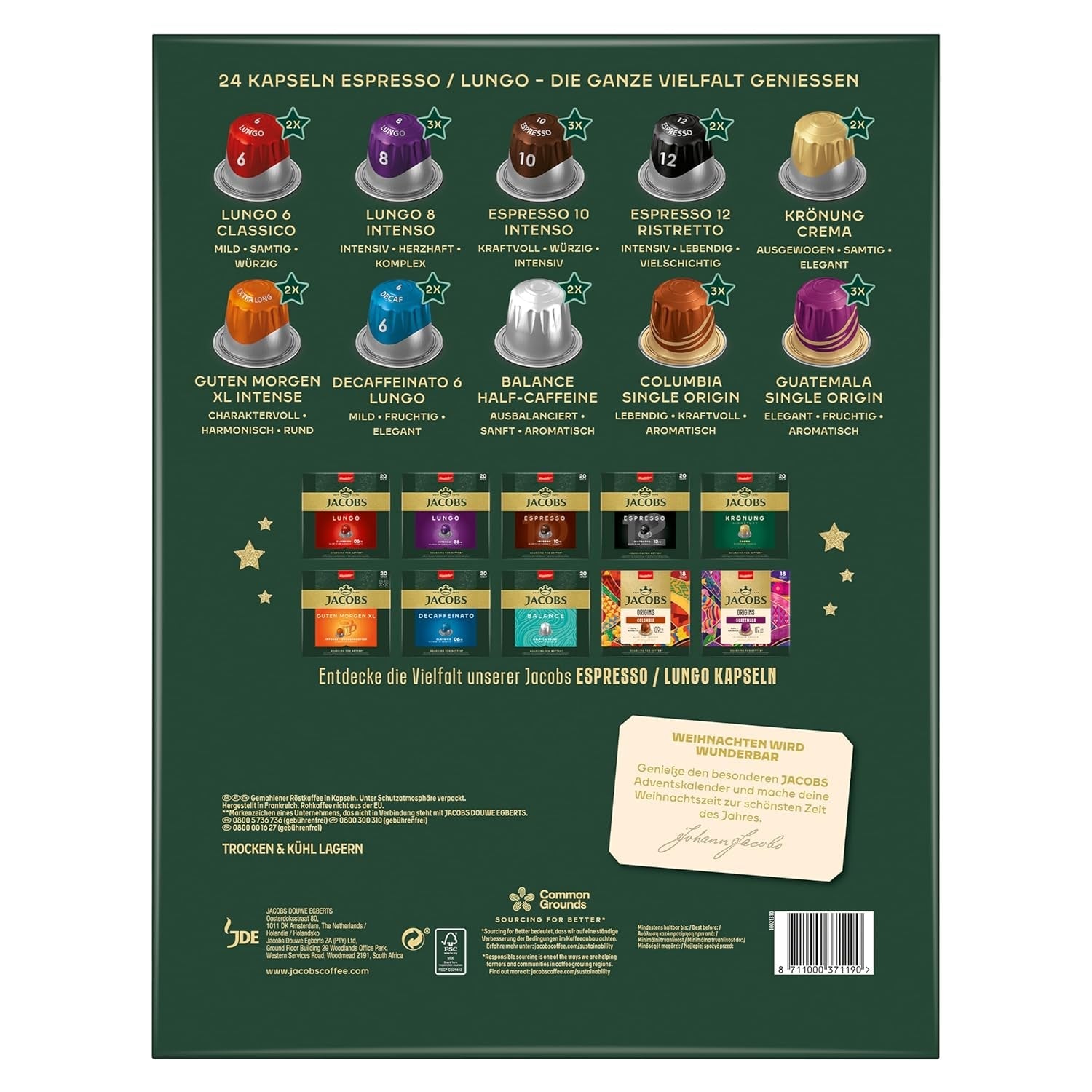 Jacobs Kapsel Adventskalender, 24 Espresso/Lungo Kapseln, Nespresso* kompatible Kaffee Kapseln, 24 Kapseln