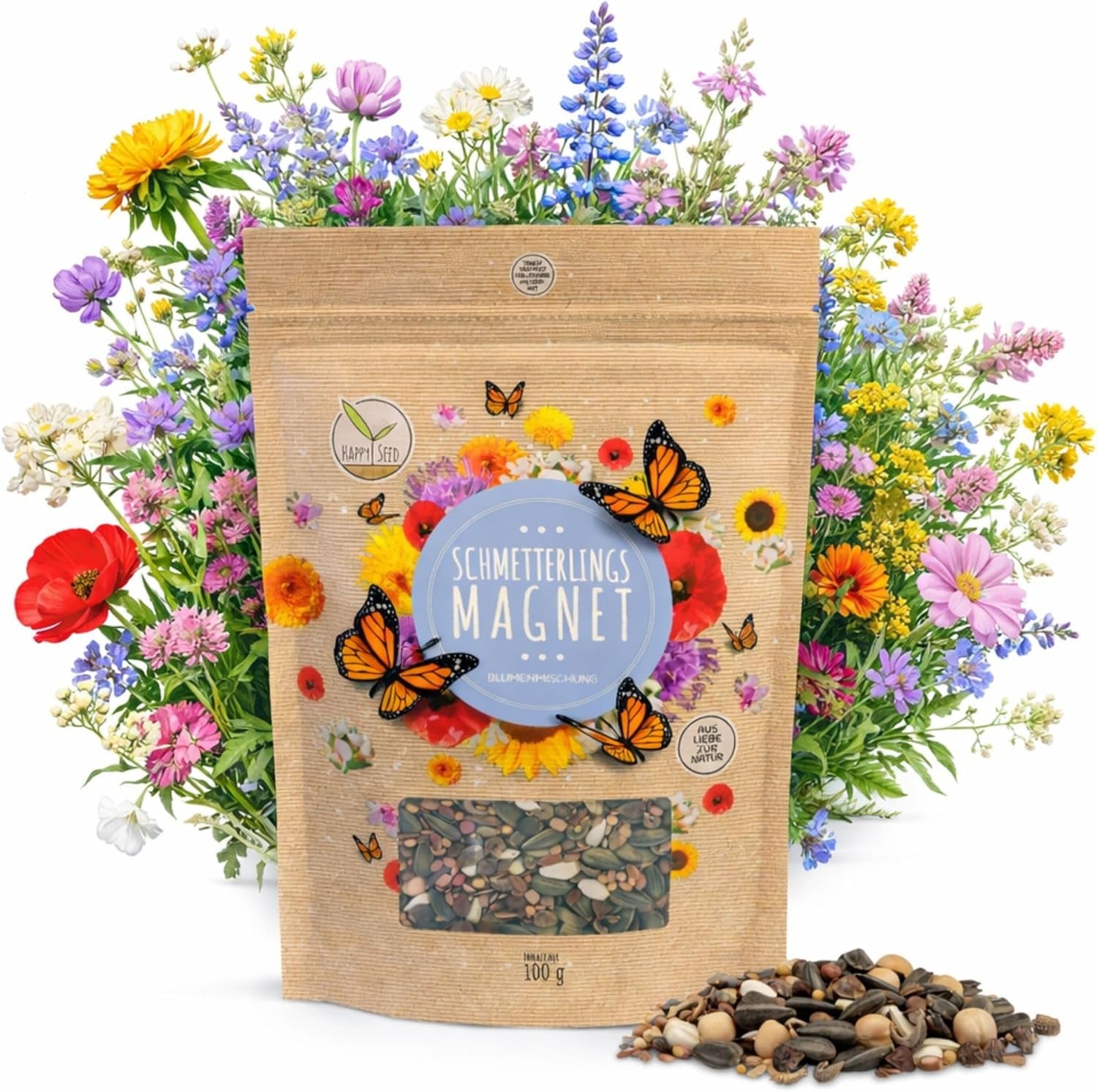 100g Semințe de fluturi pentru o pajiște cu flori colorate - Amestec de semințe de flori sălbatice colorate și bogate în nectar pentru fluturi