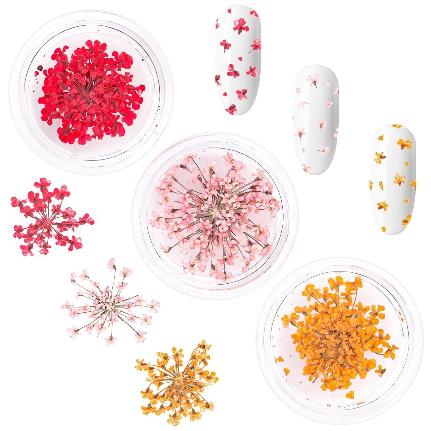 Nail Art Flowers Set Decoration - Gelnägel Zubehör 3 Farben(Orange,Blassrosa,Rose),Nail Art Aufkleber Trockene Blumen Kit Getrocknete Blumen Zubehör Set DIY Nageldekoration