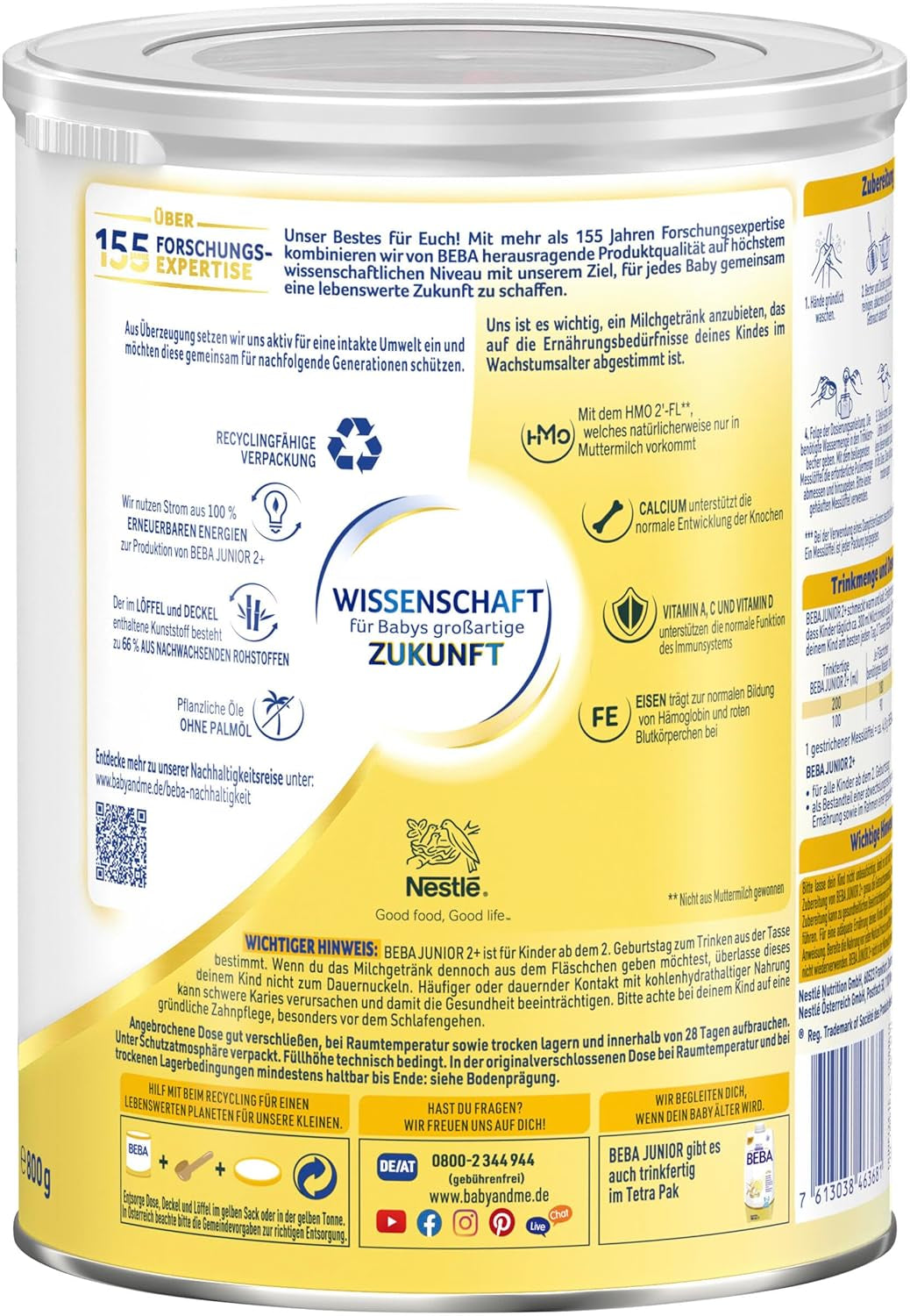 BEBA Junior 2+ milk drink from 2 years, With HMO, Age-appropriate protein content, Lactose only, No palm oil, No fish oil, Toddler food, Baby milk powder, Pack of 6 (6 x 800g)
