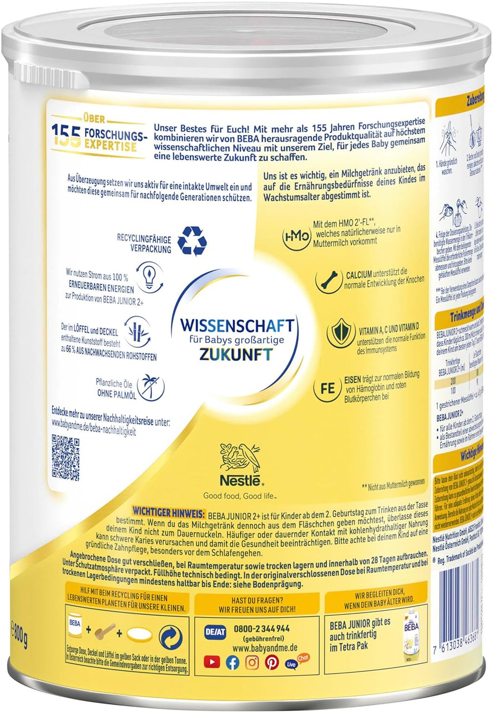 BEBA Junior 2+ milk drink from 2 years, With HMO, Age-appropriate protein content, Lactose only, No palm oil, No fish oil, Toddler food, Baby milk powder, Pack of 6 (6 x 800g)