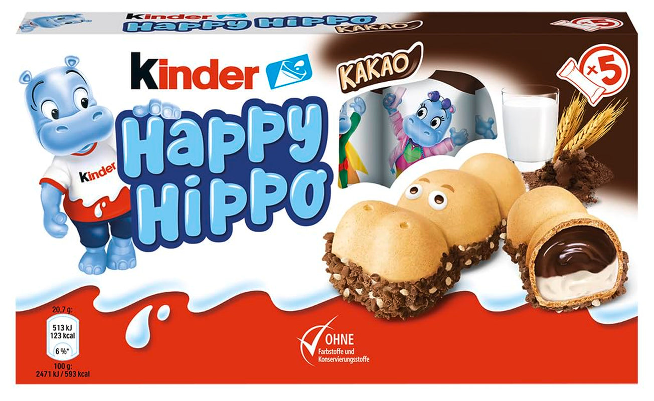 Kinder Happy Hippo Hazelnut - Specialty Crunchy Wafers with Milk and Hazelnut Cream - Carnival and Mardi Gras Sweets - 1 pack containing 5 individual bars of 20.7g each