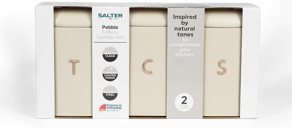 Set de recipiente SALTER BW13729EU7 Pebble pentru ceai, cafea și zahăr – Recipiente de depozitare pentru blaturi, recipiente pentru blaturi de bucătărie, recipiente cu marcaj din oțel carbon