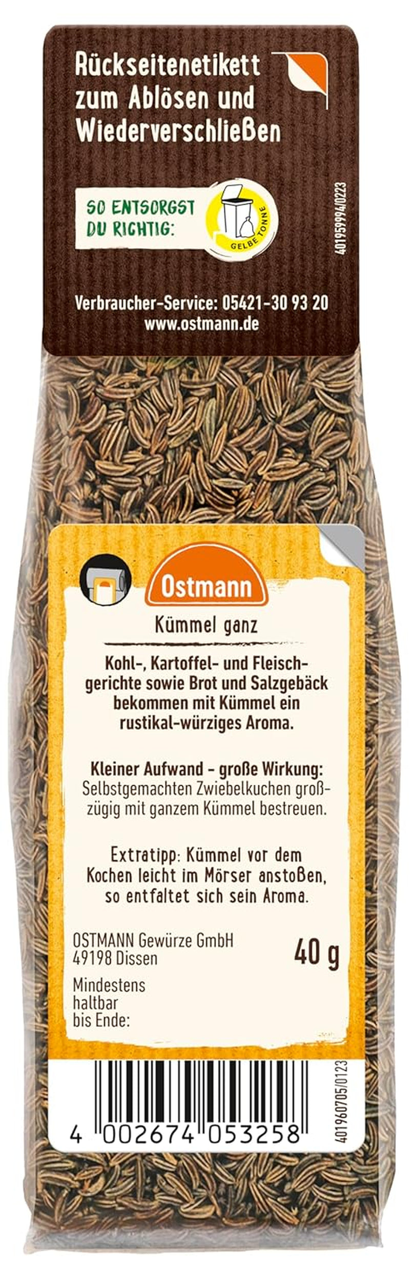 Ostmann Gewürze - Kümmel ganz | Zum Würzen von Brot und Gebäck | Zum Nachfüllen der Streudose | 40 g in Bag