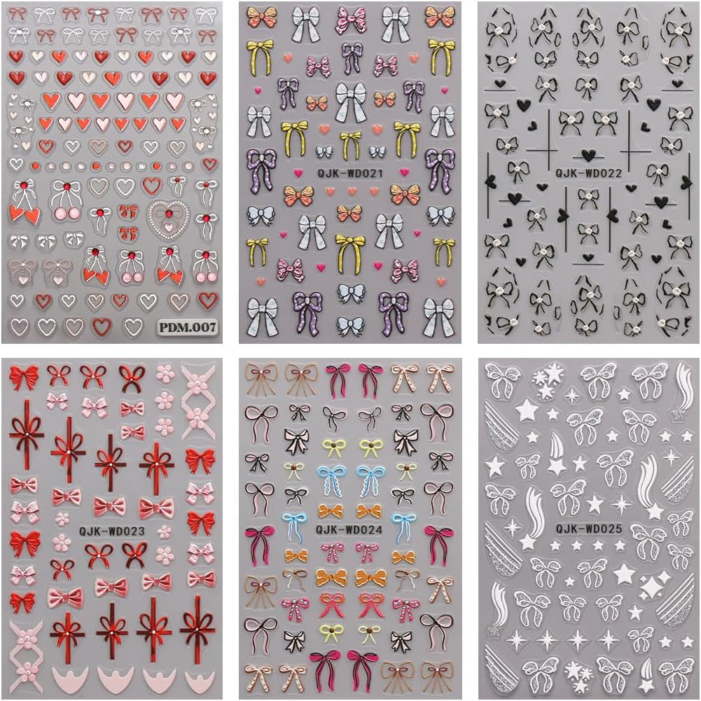 JMEOWIO Nagelsticker Bunte Herz Schleife 6 Blatt Nail Art Sticker Selbstklebend Nagelaufkleber Dekoration Nageldesign Zubehör
