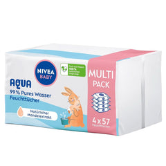 NIVEA Baby AQUA wet wipes, baby wipes for delicate cleaning of sensitive skin, hypoallergenic and fragrance-free wet wipes for babies with 99% water (4 x 57 pieces) Baby Wet Wipes Naty Shop
