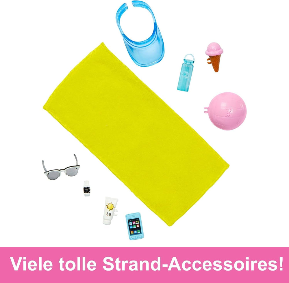 Barbie Ken - Blonde Puppe mit blauem Hemd und Badehose, Strand-Accessoires und Wasserball für kreatives Spielen, für Kinder ab 3 Jahren, HPL74