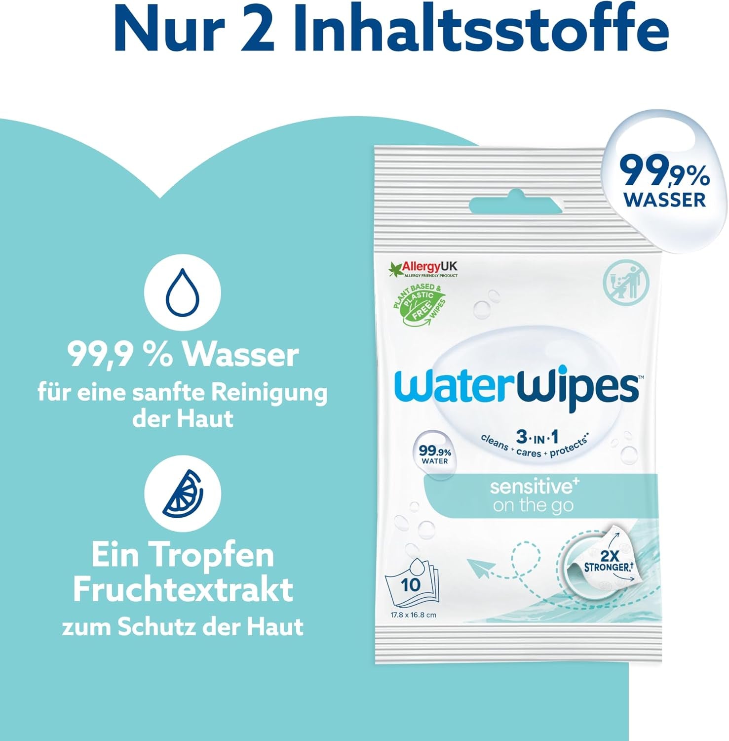 WaterWipes Sensitive+ On The Go Wet Wipes, 100 Wipes (10 Pack), 3 in 1 Cleans, Cares, Protects, 99.9% Water, Fragrance Free Wipes