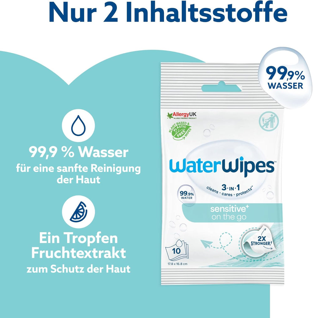 WaterWipes Sensitive+ On The Go Wet Wipes, 100 Wipes (10 Pack), 3 in 1 Cleans, Cares, Protects, 99.9% Water, Fragrance Free Wipes