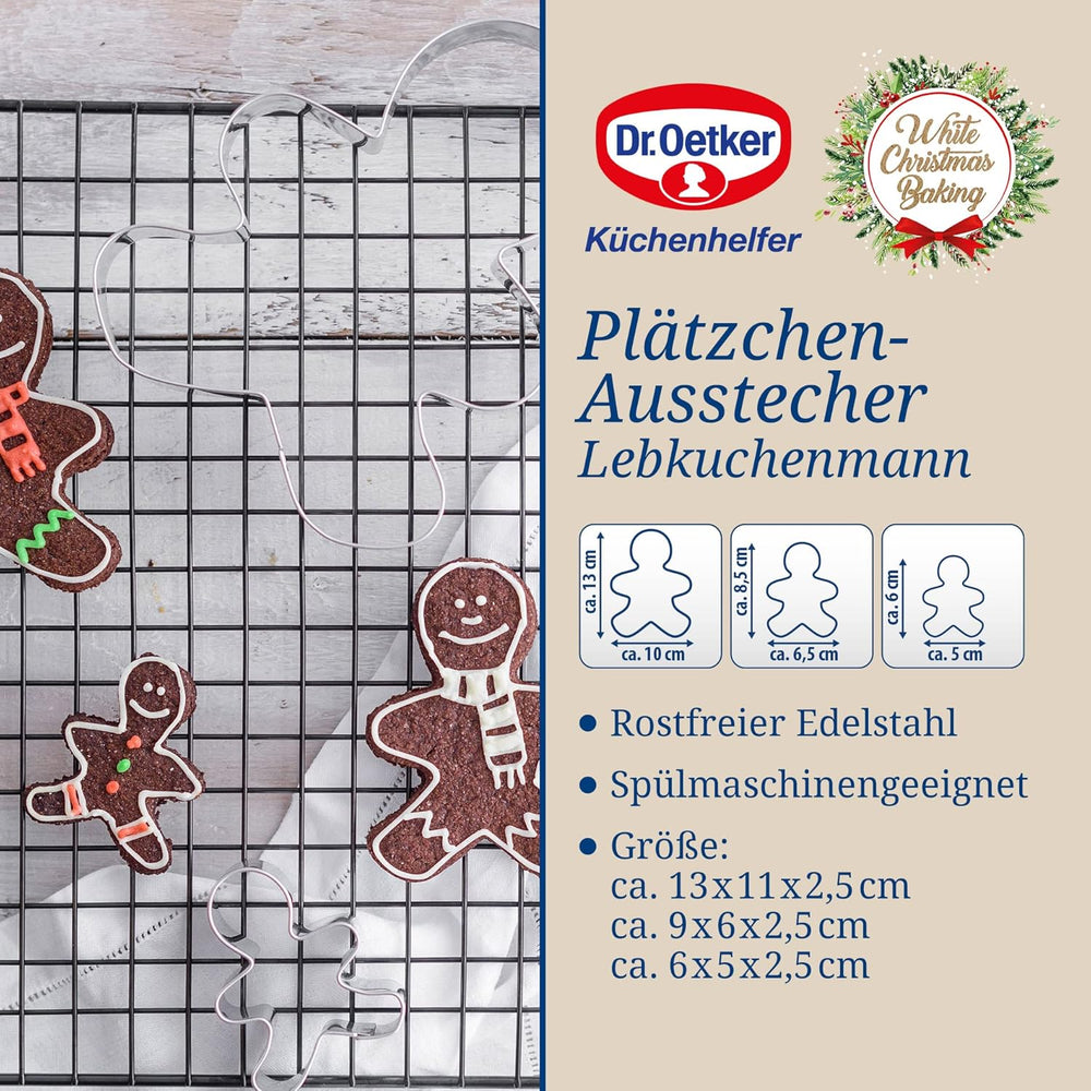 Set de 3 forme de biscuiți Dr. Oetker cu omuleț de turtă dulce – Forme de biscuiți White Christmas Baking – Forme de biscuiți din oțel inoxidabil pentru Crăciun