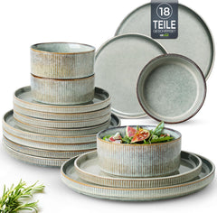 Set de veselă din gresie GBhome pentru 6 persoane, 18 piese, glazură reactivă, set de veselă din gresie lucrat manual, potrivit pentru cuptorul cu microunde și mașina de spălat vase, set de bol și farfurie