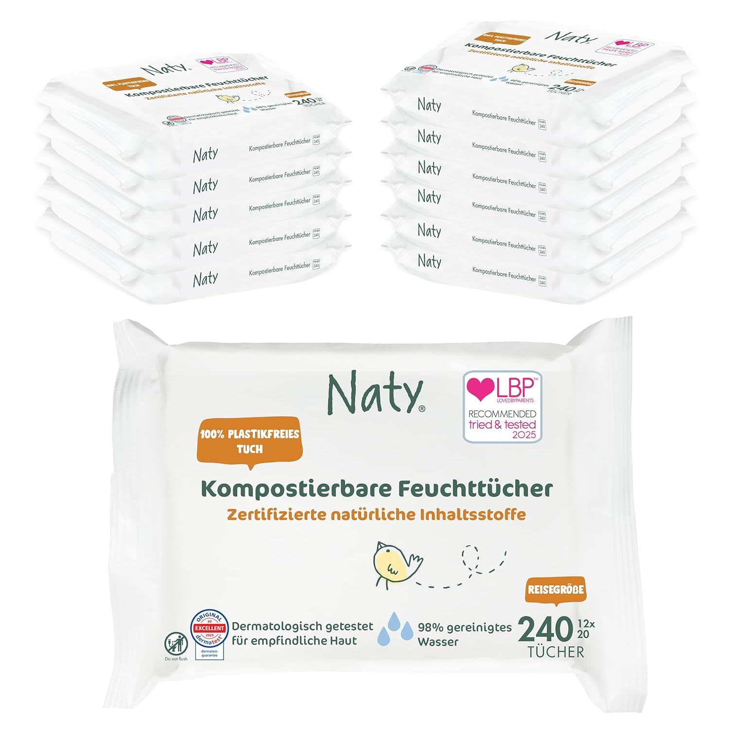 Naty Baby Wipes | 100% herbal and fragrance free for sensitive skin | Plastic-free and certified compostable wipes with 98% purified water | 672 wipes (12 packs)