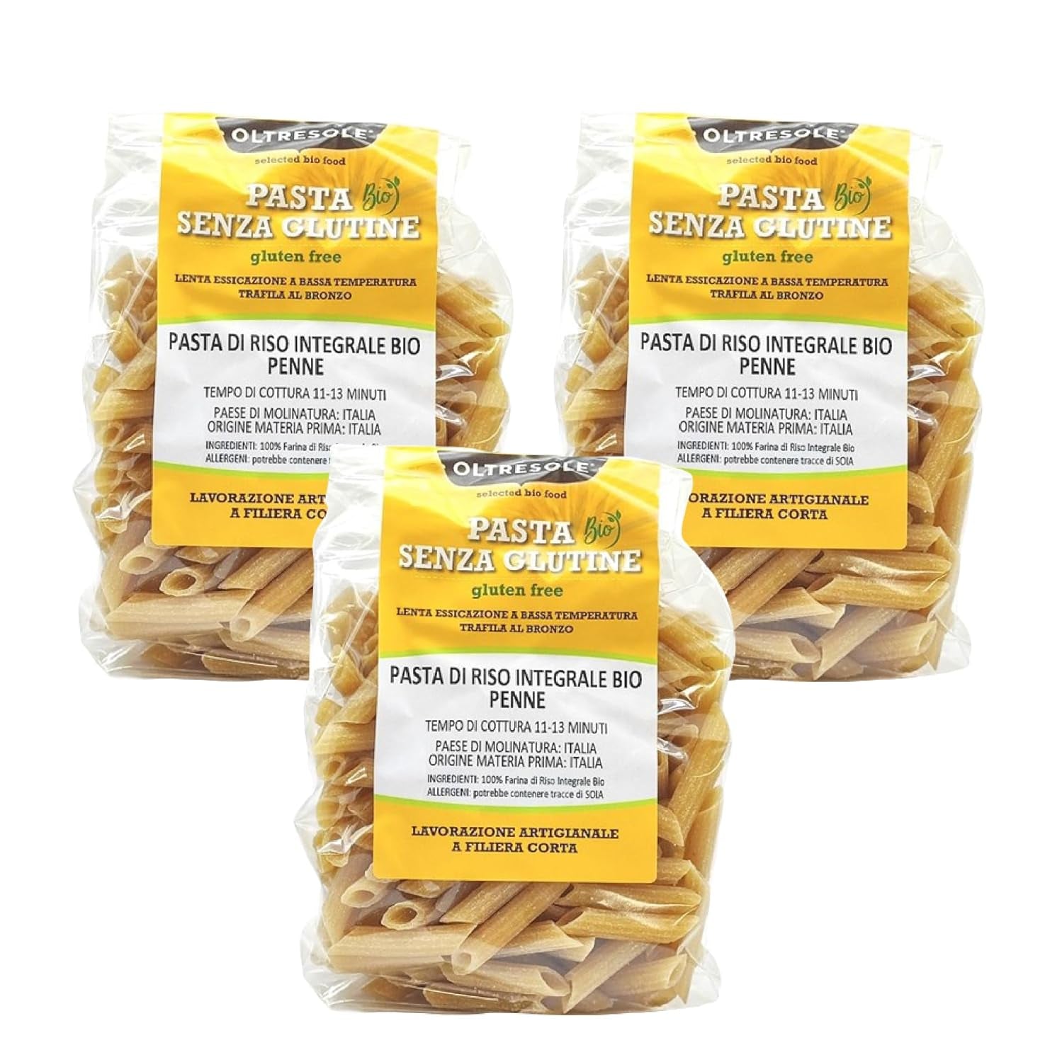 - Paste di Riso Integrale Biologica Italiana Gluten Free, Penne Format - gluten-free pasta, 100% organic whole rice flour, rich in fiber, vegan, pack of 3 packs of 350 g