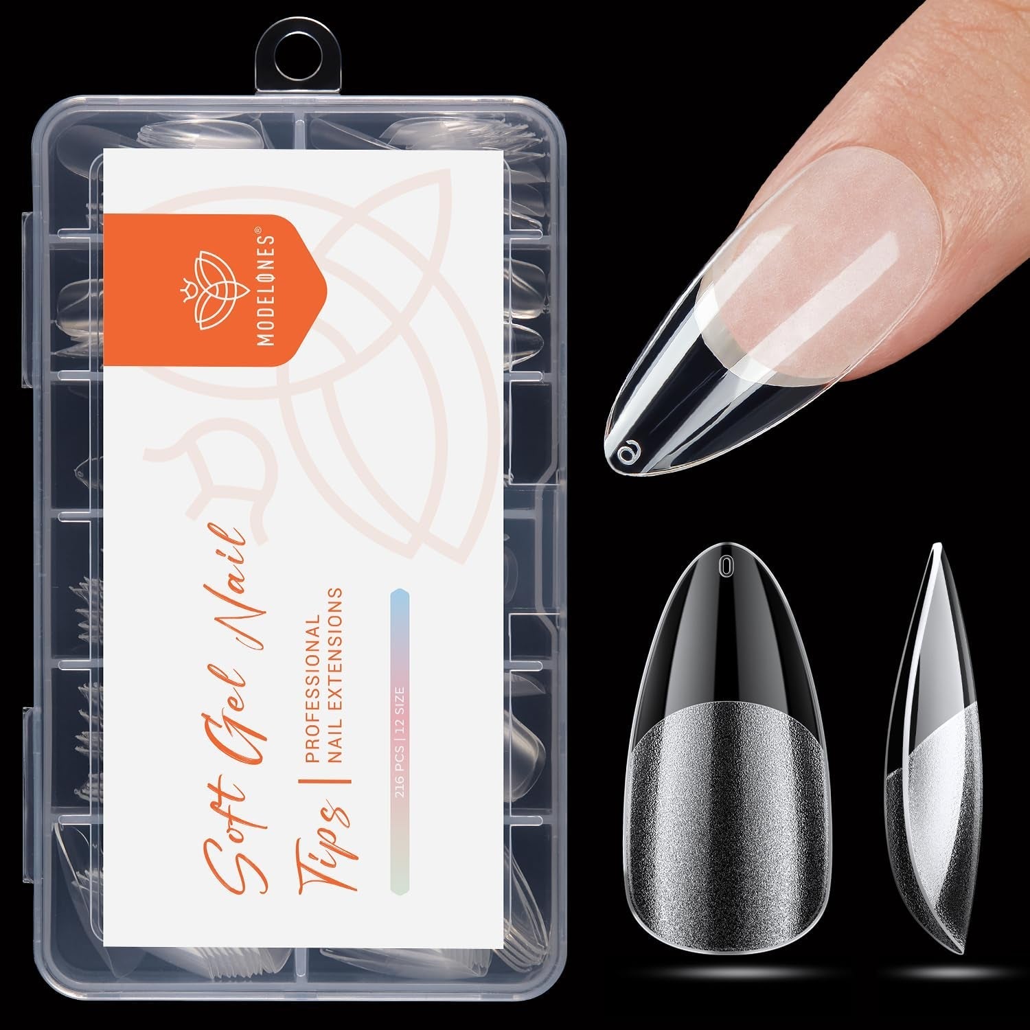 Modelones Tips Unghii 216 Piese - Set Tips Unghii Acoperire Completă, Set Tips Gel Moale, Tips Unghii Rășină PMMA Pre-Lustruire, Unghii Artificiale pentru Lipire pe Nail Art DIY, Migdale Scurte XS