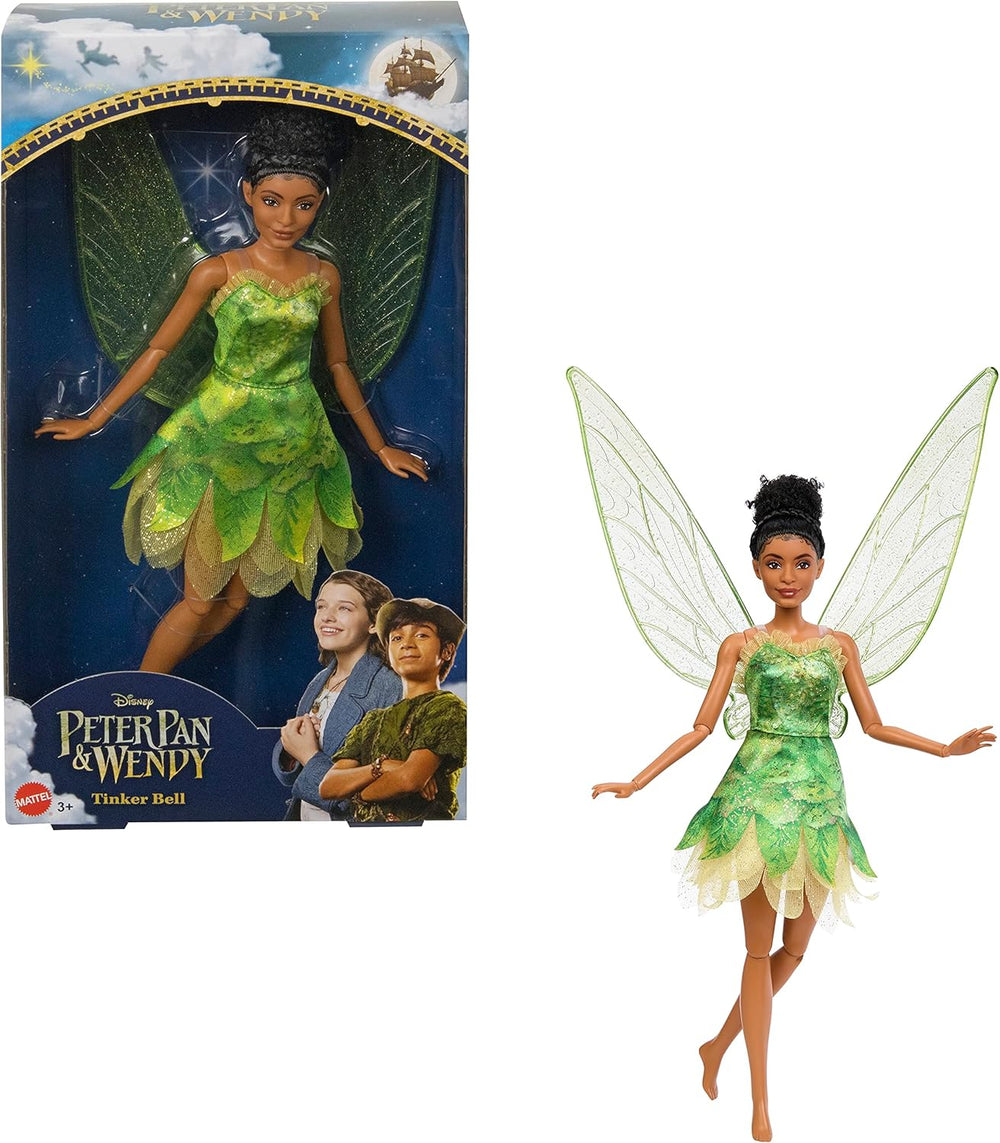 Păpușa Disney Peter Pan și Wendy Tinker Bell cu aripi mobile și rochie verde, inspirată din film, cadou pentru copii pentru a reconstitui scene sau propriile aventuri, HNY37