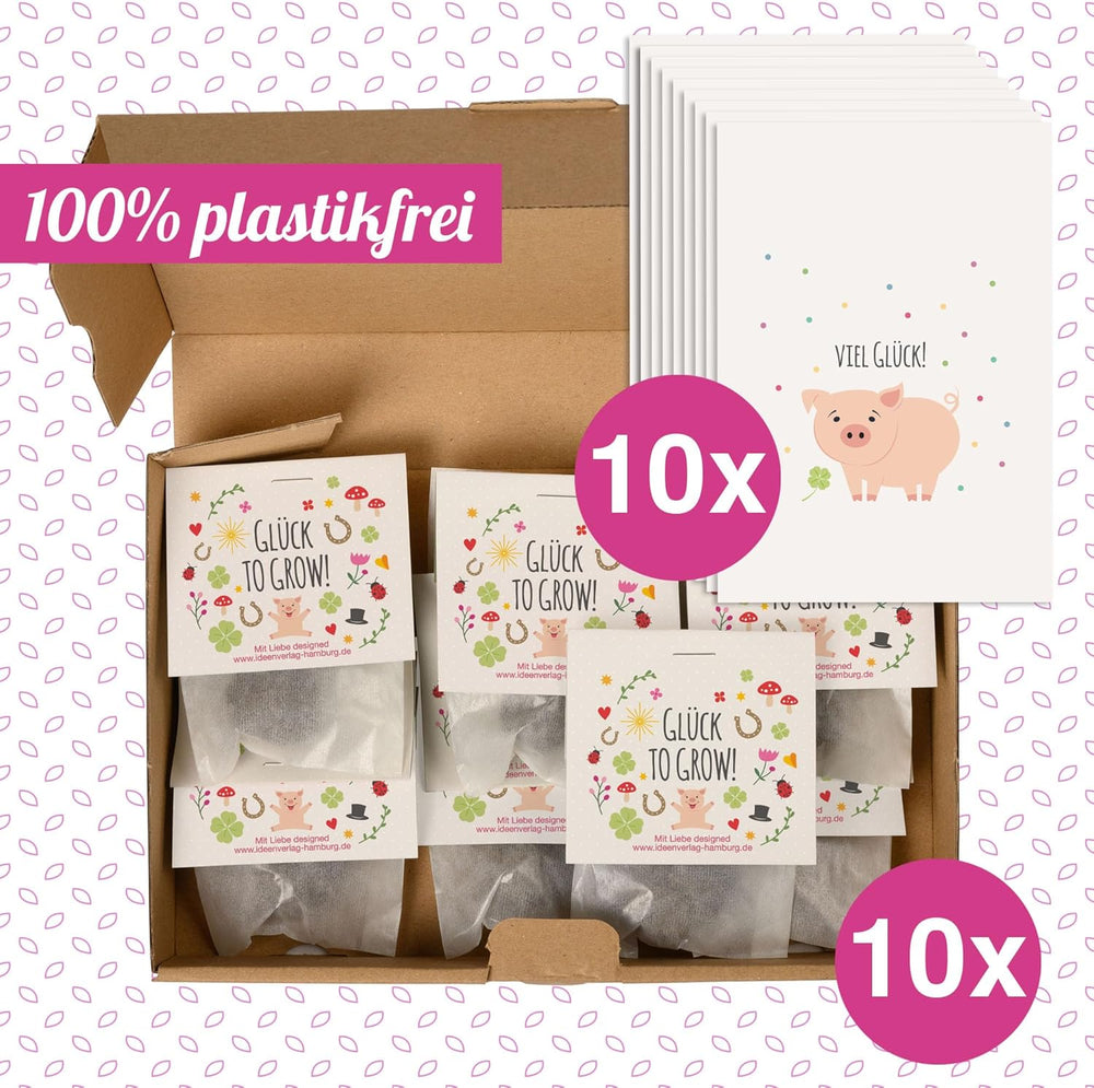 10x "Glück to grow" Semenbomben als Glückbringer 2026 & Blumensamen Geschenk | Mitbringsel Erwachsene & kleine Gastgeschenke Silvester - Kleeblatt Glückbringer Prüfung - inkl. Gift Cards Set