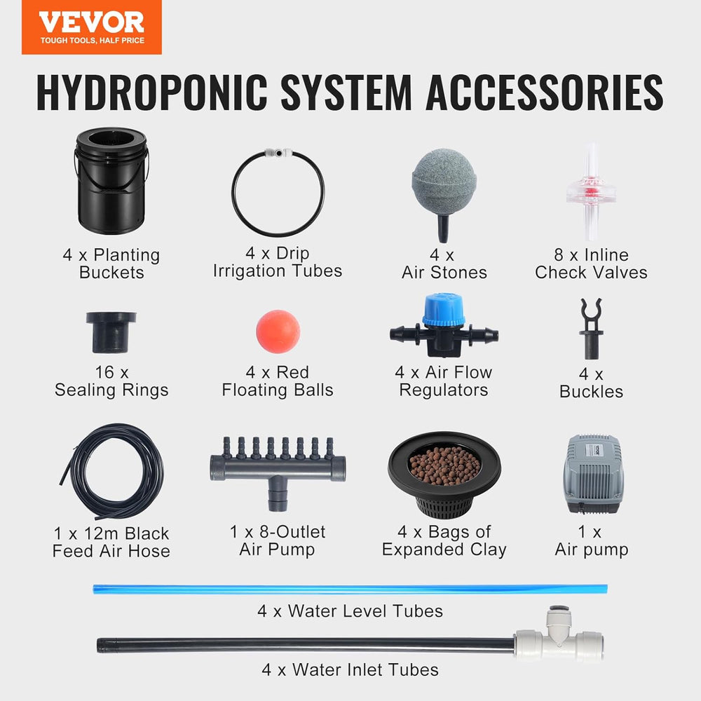 VEVOR DWC Hydroponic Grow System Drip Pot Kit Hydroponic Grow Systems Deep Water Cultivation 4 20L Buckets with Air Pump Air Stones and Water Level Indicator for Green Leaf Vegetables