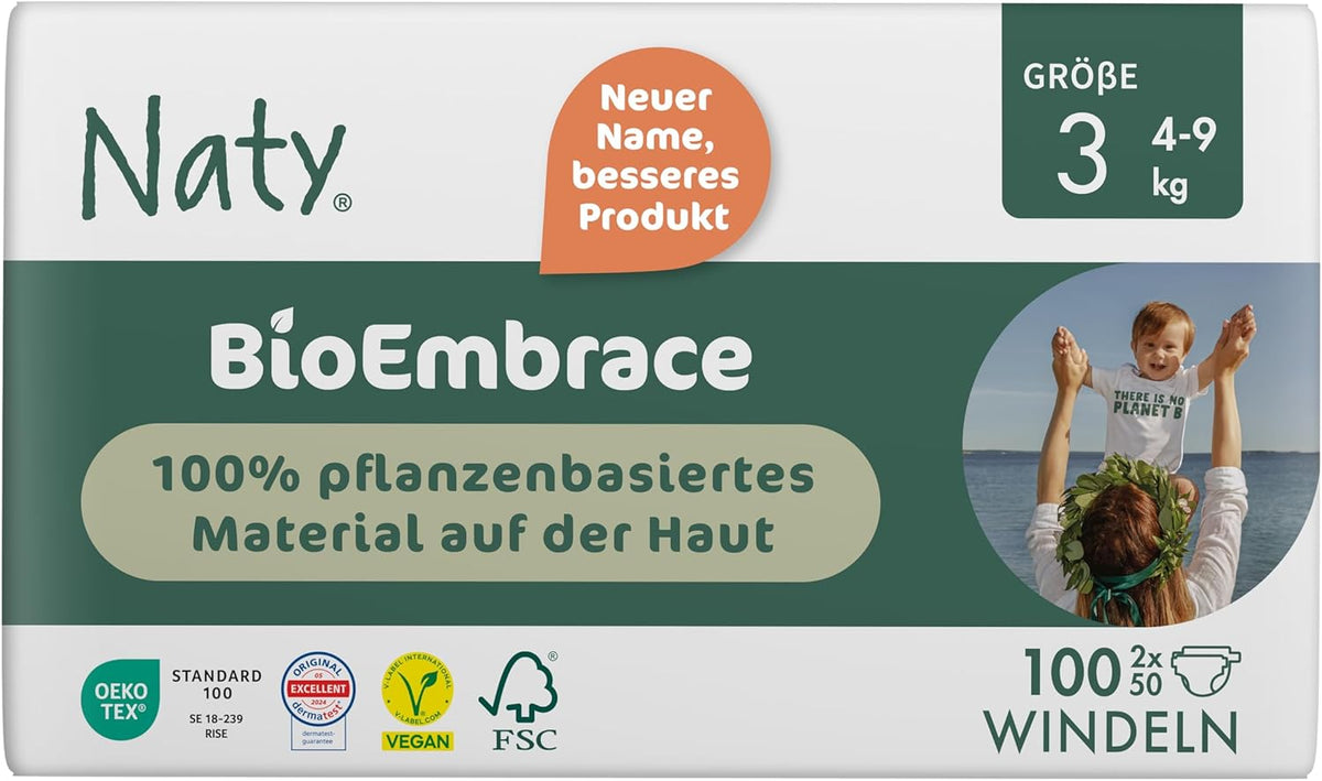 Naty BioEmbrace Baby Diapers, Size 3 (4–9 kg) | 100% plant-based materials, gentle on the skin | Breathable softness, dermatologically tested, excellent absorption | 100 pcs.
